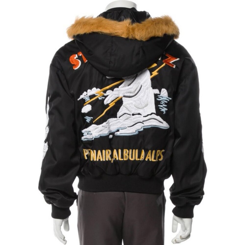 NEW! $2300 Bally of Switzerland Fur Trim Bomber Jacket! Black Embroidered Bear
